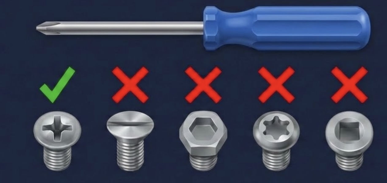 Křížový šroubovák nad pěti typy šroubů – jen jeden má zelené „padne